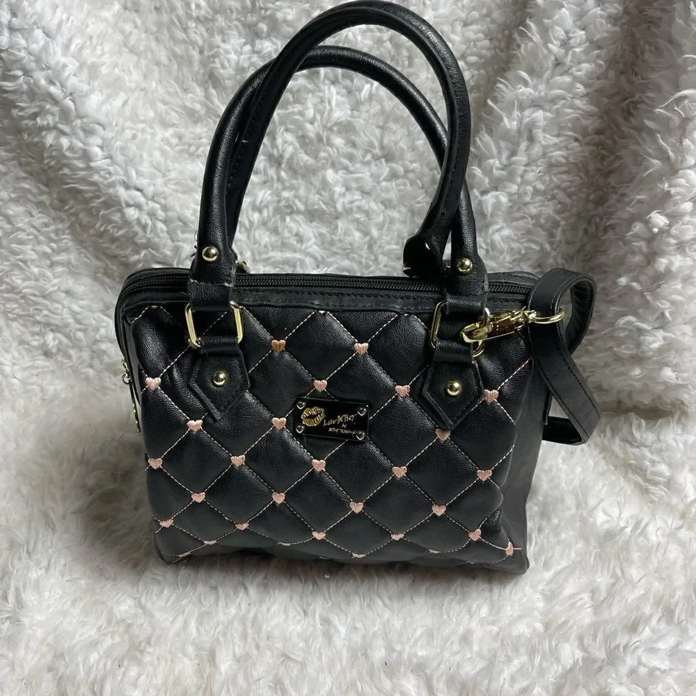 Betsey Johnson small quilted black Boston bag with pink heart embroidery